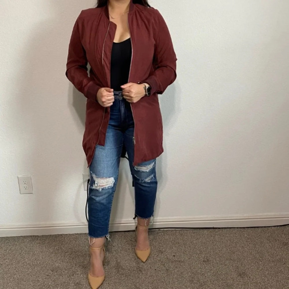 Lulu’s Burgundy Rio Grande Longline Bomber Jacket Size Small - Picture 6 of 9